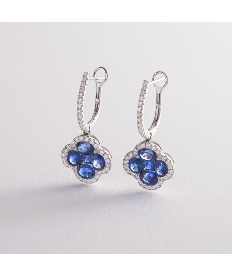 Золоті сережки "Клевер" з синіми сапфірами і діамантами E00706mi Онікс