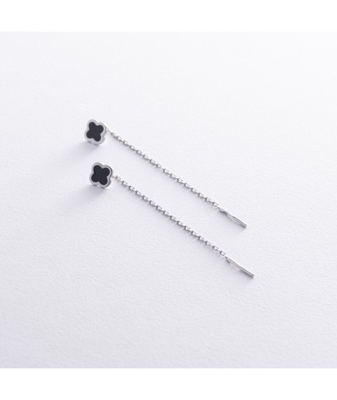 Сережки протяжки "Клевер" в сріблі (емаль) OR130930 Онікс