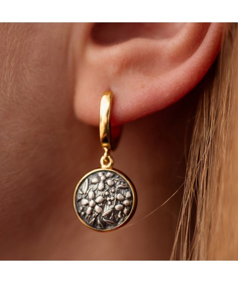 Silver earrings "Flowers" (blackened, gilded) 122796 Onyx