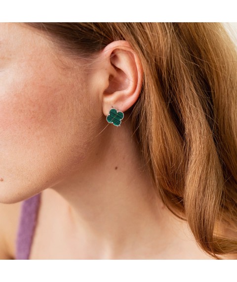 Silver earrings "Clover" with malachite 122115 Onyx