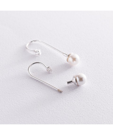 Silver earrings for women (cubic zirconia, artificial pearls) 121310 Onyx