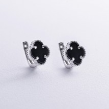 Silver earrings "Clover" with onyx 123360 Onyx