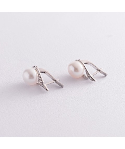 Срібні сережки з перлами і фіанітами 2466/1р-PWT Онікс