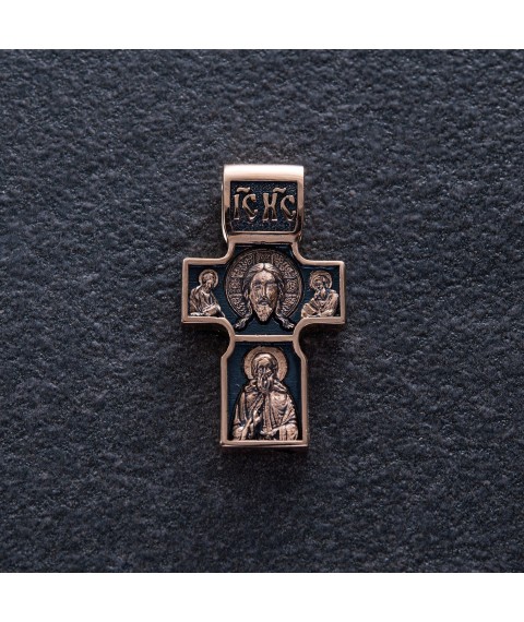 Golden Orthodox cross "Savior Not Made by Hands. St. Nicholas the Wonderworker. St. George the Victorious" p03824 Onyx