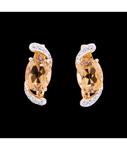 Gold earrings with diamonds and yellow-brown quartz s313 Onyx