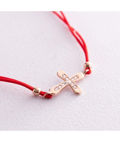 Gold bracelet "Cross" with red thread (cubic zirconia) b05139 Onyx