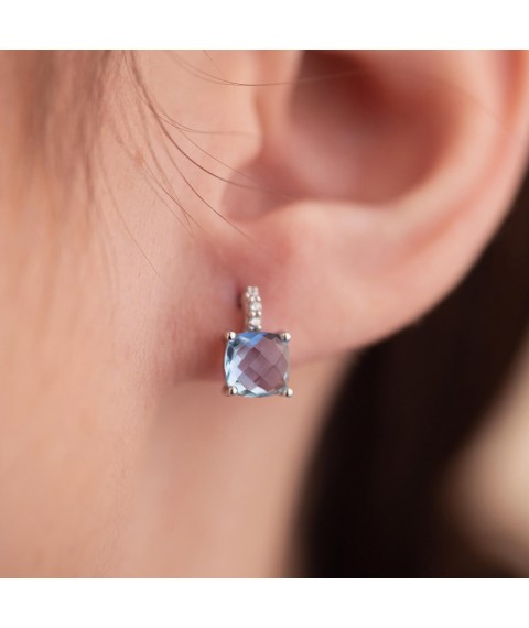 Gold earrings - studs with cubic zirconia and blue topaz s08303 Onyx
