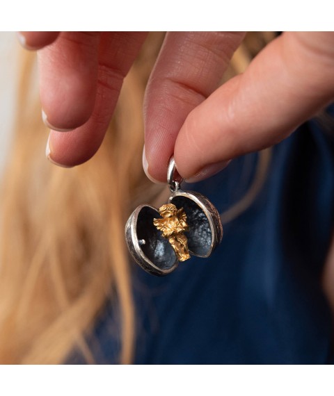 Silver pendant "Cupid in a nut" handmade 133142 Onyx