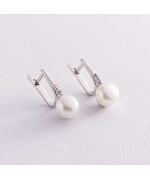 Silver earrings with pearls and cubic zirconia 2457/1р-PWT Onyx