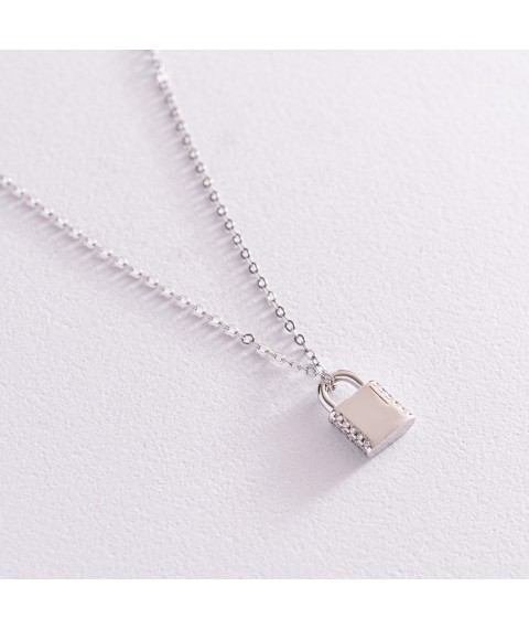 Silver necklace "Lock" with cubic zirconia 181174 Onix 43