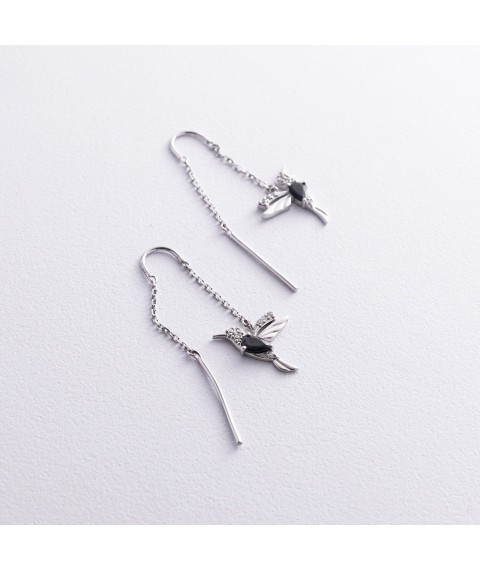 Silver earrings - broaches "Hummingbird" (cubic zirconia, sapphires) GS-02-189-3110 Onyx