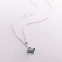 Silver necklace "Clover" (synthetic malachite, cubic zirconia) 181231 Onyx