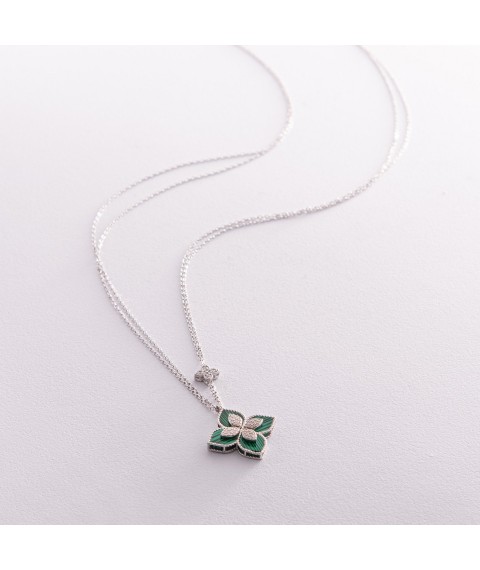Silver necklace "Clover" (synthetic malachite, cubic zirconia) 181231 Onyx