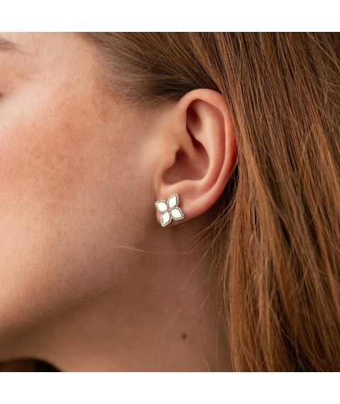 Gold earrings - studs "Clover" s08918 Onyx