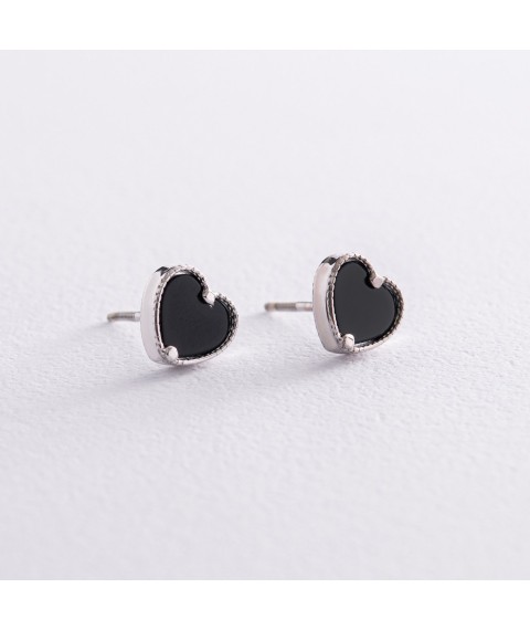 Silver earrings - studs "Hearts" with onyx 122483 Onyx