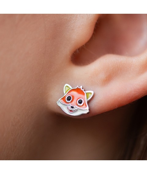 Children's earrings - studs "Fox" in silver (enamel) 1066 Onyx