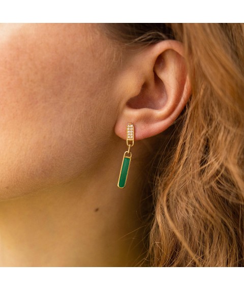 Gold earrings - studs with diamonds and malachite sb0472sc Onyx