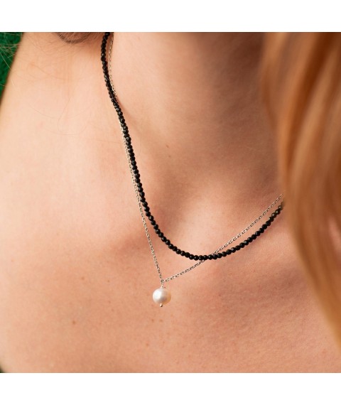Silver double necklace (crystal, pearls) 908-01428 Onix 41