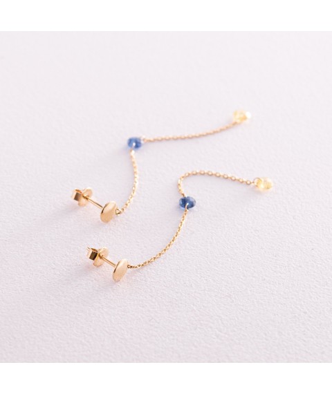 Dangling gold earrings - studs "Ukrainian" (blue and yellow cubic zirconia) s08104 Onyx
