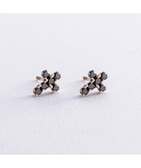 Gold earrings - studs "Cross" with black diamonds 322873122 Onyx