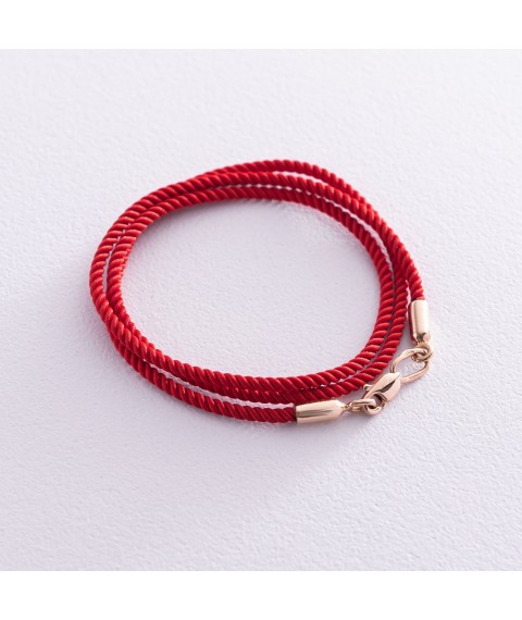 Шелковый красный шнурок с гладкой золотой застежкой (2мм) кол00866 Онікс  50