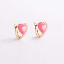 Children's gold earrings "Hearts" (enamel) s03209 Onyx