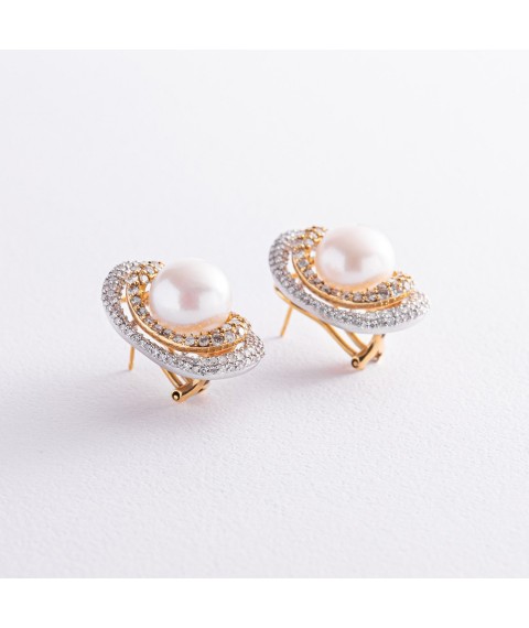 Gold earrings with diamonds and pearls s1312 Onyx