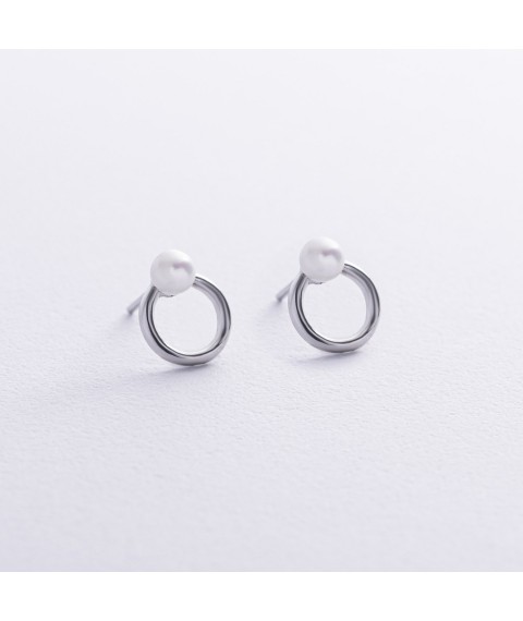 Срібні сережки - пусети "Кругообіг" з перлами 123277 Онікс