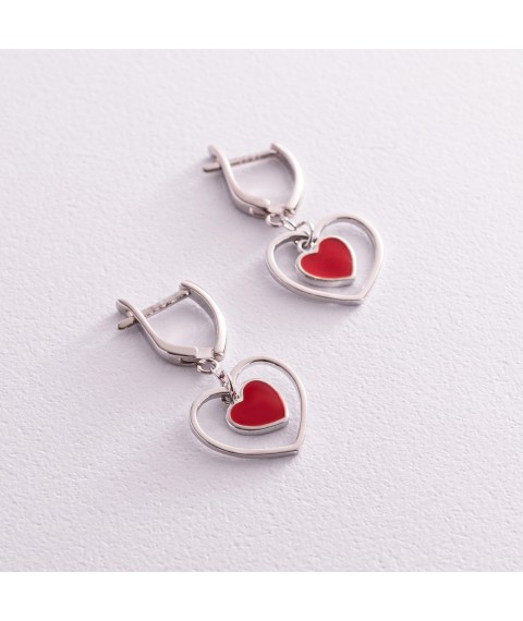 Silver earrings "Hearts" with enamel 122220 Onyx