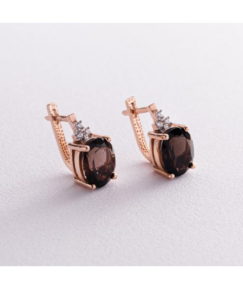 Gold earrings (smoky quartz, cubic zirconia) s02854 Onyx