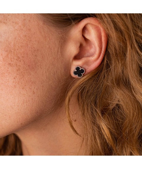 Silver earrings - studs "Clover" with onyx 121725 Onyx