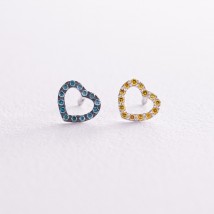 Золотые серьги - пусеты "Сердечки" с голубыми и желтыми бриллиантами 327111121 Онікс