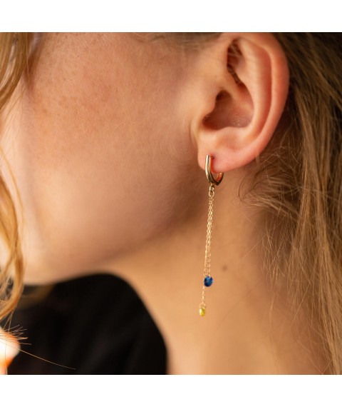 Dangling gold earrings "Ukrainian" (blue and yellow cubic zirconia) s08384 Onyx