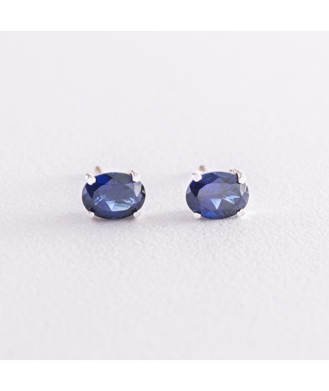 Silver stud earrings with synthetic. sapphire nano 6x8 121968 Onyx