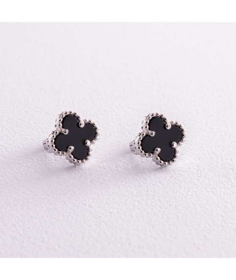 Silver earrings "Clover" with onyx 121591 Onyx