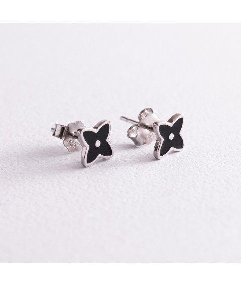 Silver earrings - studs "Clover" (black enamel) 123047 Onyx