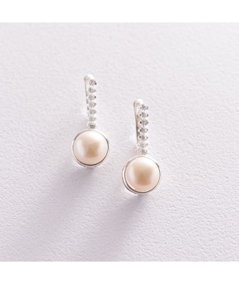 Silver earrings (cult. fresh pearls, cubic zirconia) 121022 Onyx