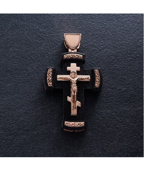 Чоловічий православний хрест "Розп'яття. Спаси та Збережи" з ебенового дерева та золота 0001 Онікс