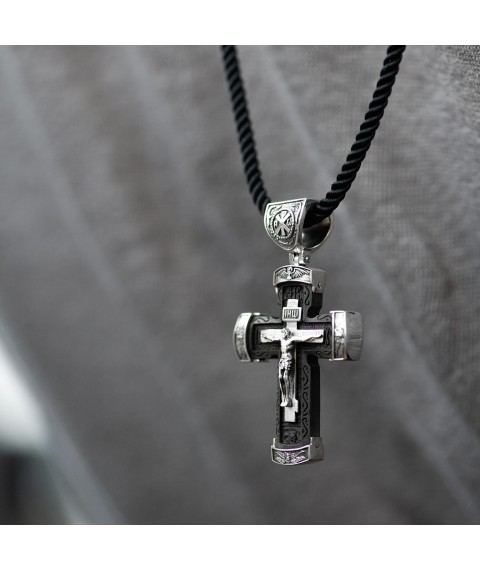Silver cross "Crucifixion. Save and Preserve" (in Ukrainian) with ebony mini 1075 Onix