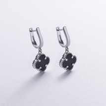 Silver earrings "Clover" with onyx 123359 Onyx