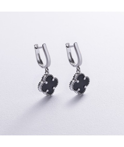 Silver earrings "Clover" with onyx 123359 Onyx
