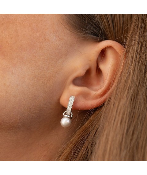 Silver earrings with pearls and cubic zirconia 902-00333 Onyx