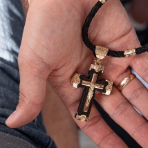 Мужской православный крест из эбенового дерева и золота "Распятие. Спаси и Сохрани" (на шнурке) кол02244 Онікс