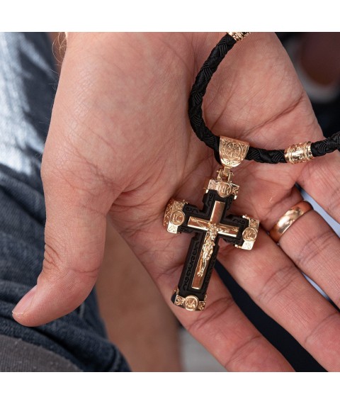 Чоловічий православний хрест з ебенового дерева та золота "Розп'яття. Спаси та Збережи" (на шнурку) кол02244 Онікс