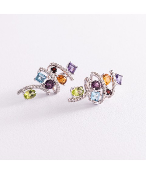 Gold earrings (diamonds, amethyst, blue topaz, citrine, peridot, almandine, pyrope) s728 Onyx