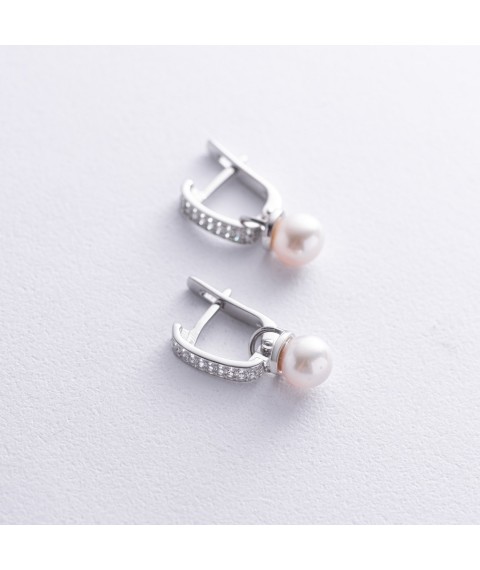 Silver earrings with pearls and cubic zirconia 902-00333 Onyx