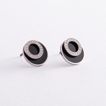 Gold earrings - studs with diamonds and enamel 314831121 Onyx