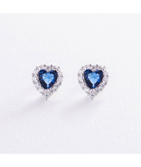Silver earrings - studs "Hearts" with cubic zirconia 123295c Onyx