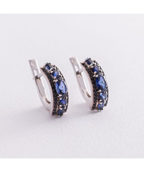 Silver earrings with sapphires and cubic zirconia 2943/9r-HSPH Onyx
