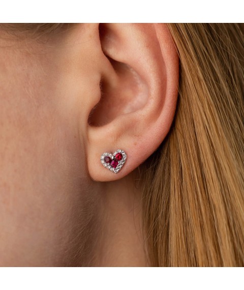 Gold earrings - studs "Hearts" (diamonds, rubies) sb0524cha Onyx